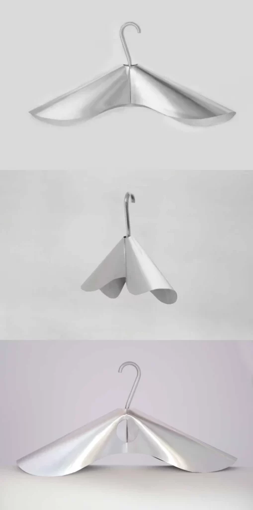 Leaf Hanger, cintre entièrement en aluminium recyclable, façonné à partir d’une seule feuille d’aluminium.